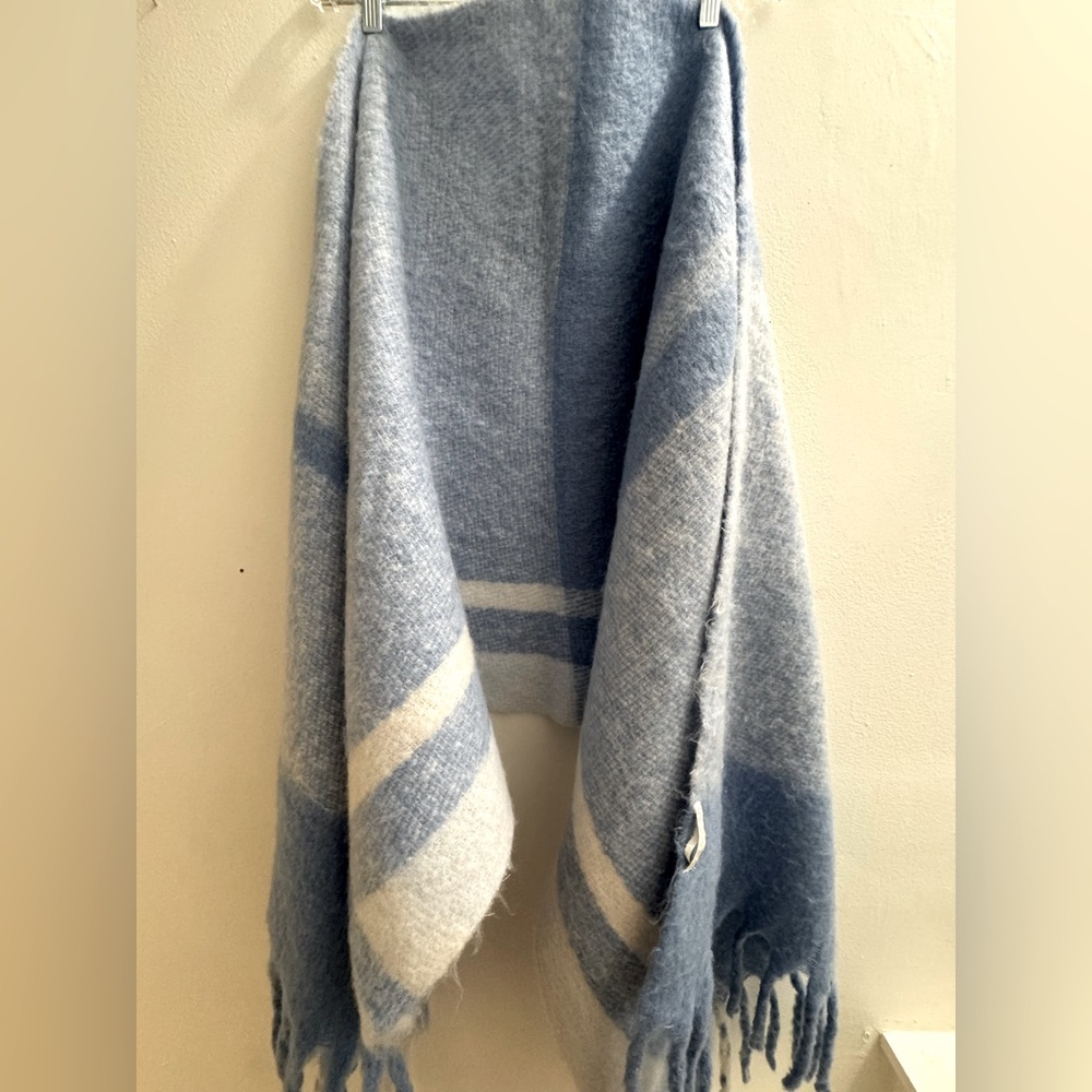 Blue and Off White Fringed Wool Scarf